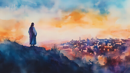Naklejka premium jesus overlooking jerusalem city
