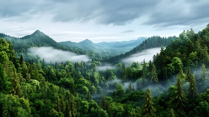 Majestic panoramic sky over forest canopy lush green landscape serene atmosphere aerial view