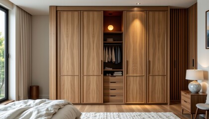 Modern Wooden Wardrobe with Open Doors Showcasing Neatly Organized Clothing and Cozy Bedroom Atmosphere