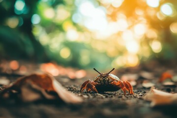 clear pixel picture of hermit crab crawling on a wood under sunlight with a blurry background