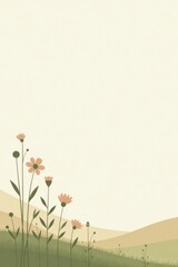 Serene Meadow Landscape with Delicate Wildflowers and Rolling Hills, Ideal for Peaceful Backgrounds or Nature-Themed Designs