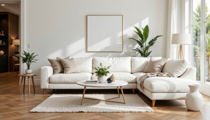 Bright and Cozy Modern Living Room with White Sofa and Green Plant Decor for Home Interior Design Inspiration