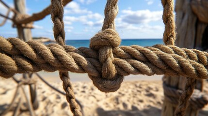 Close-up of thick brown rope with knots, connecting to wooden posts on a sandy beach overlooking the sea
