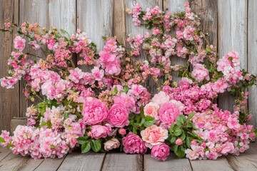 Fototapeta premium Pink floral arrangement on weathered wood