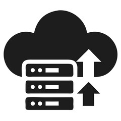 Cloud technology icon depicting server and data upload in modern silhouette style