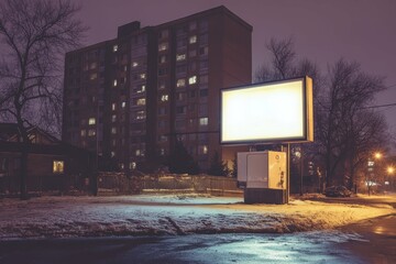 vibrant color visual of illuminated lightbox billboard near the apartment building