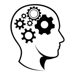 Silhouette depicting a head with gears representing cognitive processes and innovation
