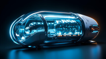 Futuristic capsule with glowing internal mechanisms.