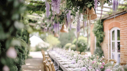 Elegant outdoor wedding table set for a celebration in a beautiful garden with a historic building backdrop and lavender bushes.