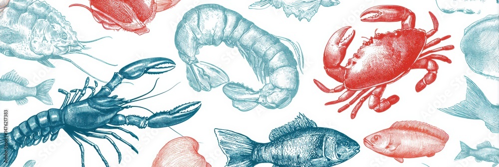 Poster Seafood Illustrations Create a Vibrant Repeating Pattern With a Central Space Highlighting Various Marine Life Forms and Textures