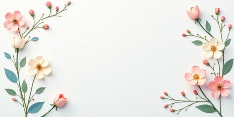 Fototapeta premium Delicate pastel blossoms arranged symmetrically on a pristine white backdrop, creating a charming floral border for your design projects