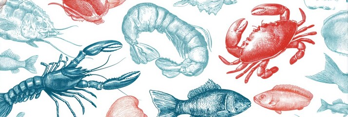 Seafood Illustrations Create a Vibrant Repeating Pattern With a Central Space Highlighting Various Marine Life Forms and Textures