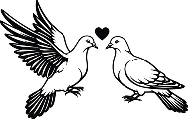 Two Doves, Tender Profile, Black and White Vector Illustration