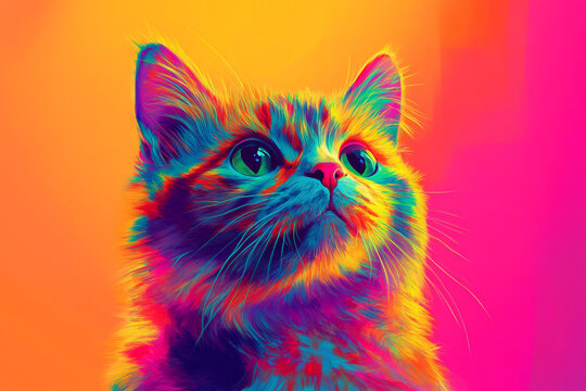 Vibrant Rainbow Cat Portrait Psychedelic Pet Art