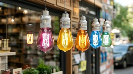 Colorful Edison bulbs hang from a shop's storefront.  Various hues of colored glass illuminate the display