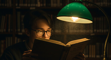 Library magic under warm light engrossed in reading a captivating book peaceful moment