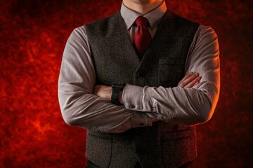 high detail visual of man wearing waistcoat with his arms crossed