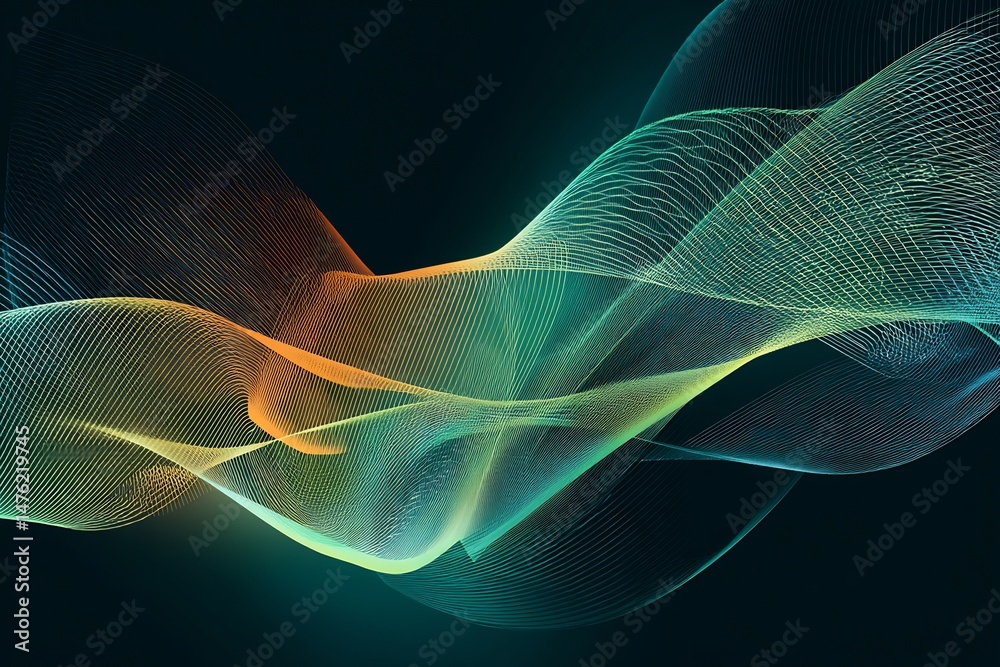 Poster abstract lines of light creating a flowing, wavy pattern with gradient colors