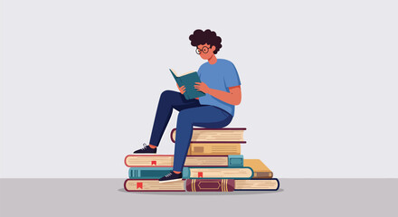 Person Reading on Stack of Books - Vector Illustration