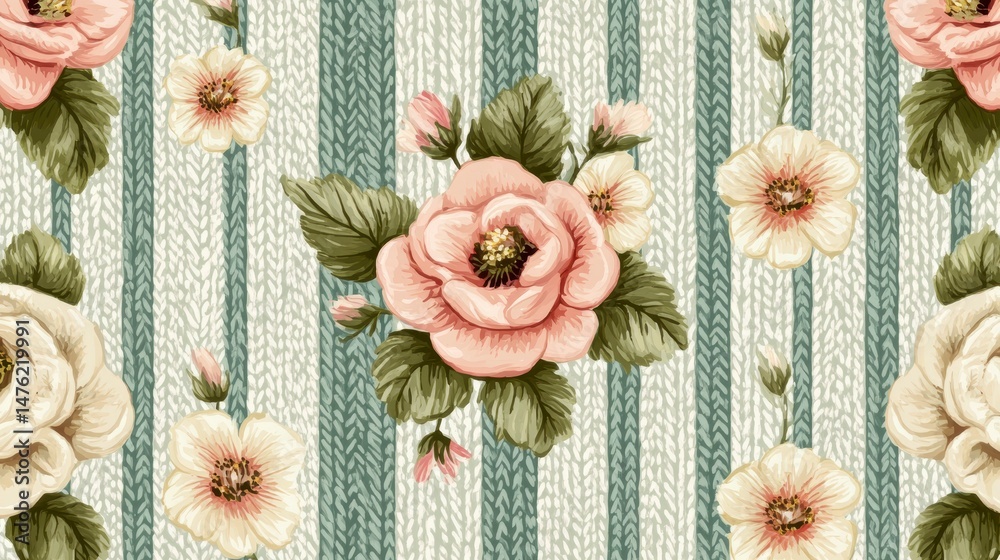 Poster seamless pattern with pink and white roses on a knitted textured background.