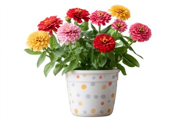 Colorful zinnia flowers growing in a dotted pot on white background