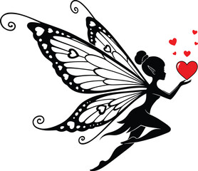 Whimsical Fairy with Heart, Black and White Vector Illustration