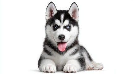Obraz premium Adorable Siberian Husky Puppy with Blue Eyes Relaxing on White Background