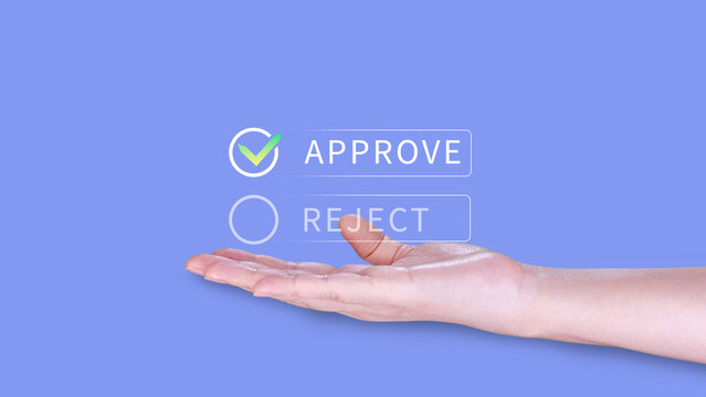 Approve or reject guarantee concept, Approved, accept, pass inspection, tick correct mark to approve document and project, Management, examine, business, survey, tick, certification.