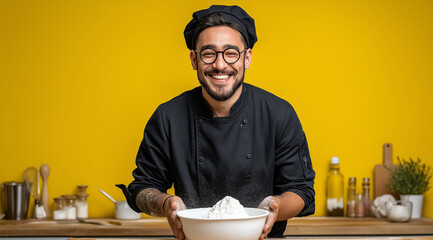 wide shot of a video of a cooking show with a clean, short dark-haired latin chef standing in front of his stainless steel table and wearing a black chef jacket, glasses and hat wh