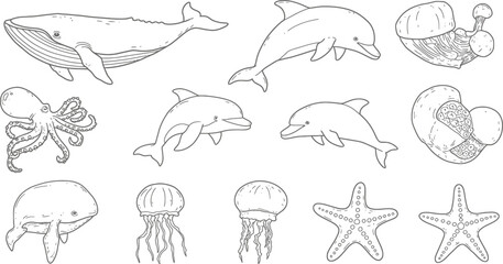 Black and White Sea Creatures Line Art