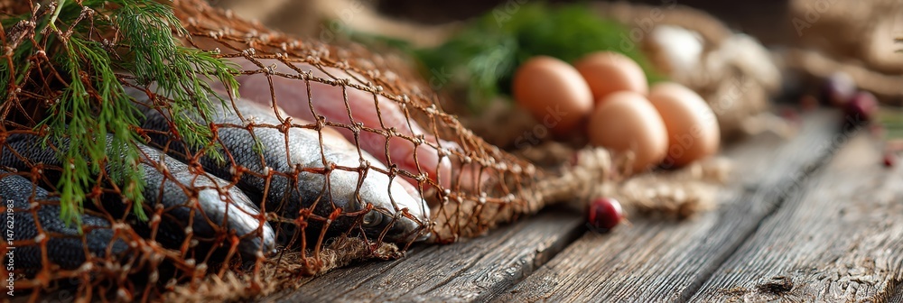 Aufkleber Rustic Netting Displays Freshly Caught Fish and Eggs on a Wooden Table in a Soft Blur Setting, Capturing the Essence of a Coastal Culinary Tradition