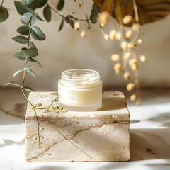 Cosmetic cream in a glass jar. Skin care concept. Cosmetic products background