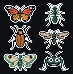 A colorful collection of diverse insect stickers on a dark background for design elements