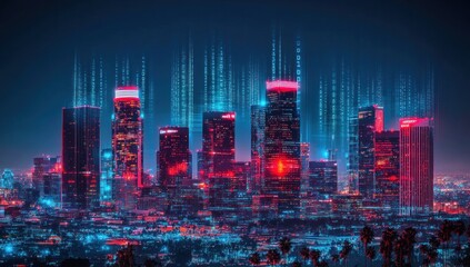 Fototapeta premium Cyberpunk Los Angeles Nightscape: Digital Rain over Metropolis