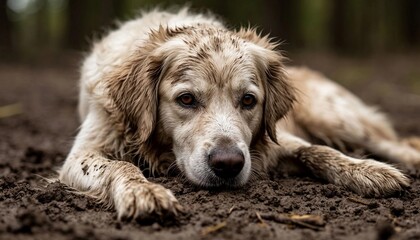 Dirty shaggy dog golden retriever lying on muddy ground