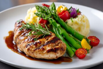 Grilled chicken breast with mashed potatoes, asparagus and cherry tomatoes, garnished with rosemary