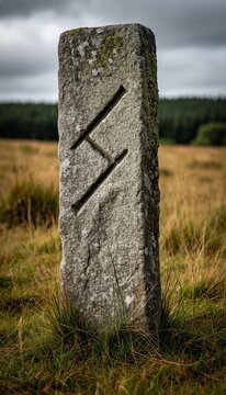 Rune Sowilo symbol carved on stone pillar in grassy field