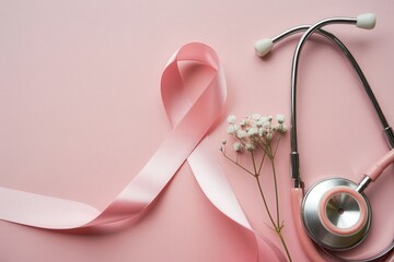 Pink ribbon and stethoscope on a pastel background, symbolizing breast cancer awareness.