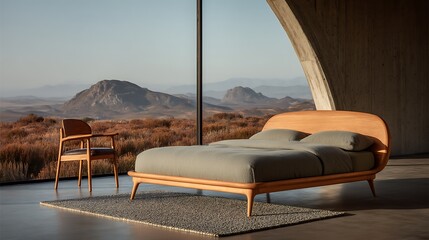 Modern Wooden Bed and Chair with Stunning Mountain View