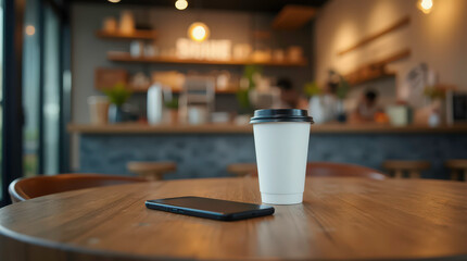 Takeaway coffee cup smartphone rest on rustic wooden table in modern coffee shop. Coffee break with digital technology in cafe. Relaxing moment in cafe