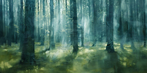Obraz premium Misty Forest with Tall Trees and Soft Light Filtering Through