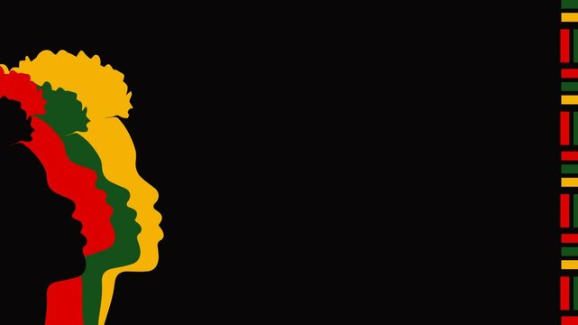 Side profile silhouette of an African woman with vibrant Juneteenth-inspired background. Afrocentric design with copyspace for titles or messages in motion footage format.