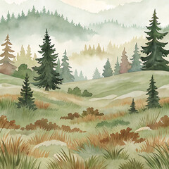 Fototapeta premium Misty Mountain Meadow Abstract Watercolor Clipart Grass Pattern