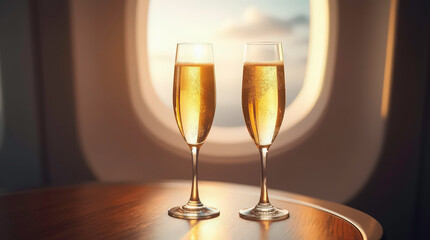 Two glasses of champagne on table against the airplane window view. Luxury celebration on plane during flight, travel. Romantic journey with bubbly beverage, drink, cheers and toast