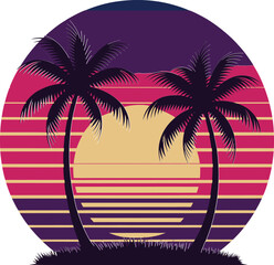 Retro sunset scene featuring two palm trees against a gradient striped background design