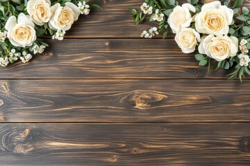 Cream roses and greenery on dark wood