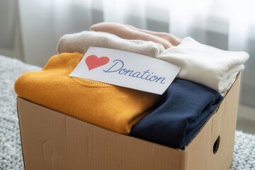 Box of clothes ready for donation with a heart symbol.