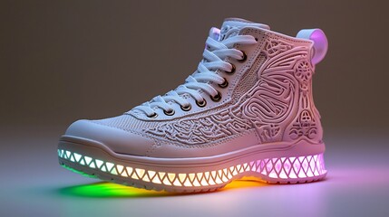 Stylish white shoe with colorful LED lights.  Intricate design