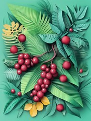 Obraz premium Tropical foliage and berries artful arrangement vibrant green leaves and red fruit botanical illustration nature's beauty