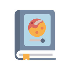 Stylized book illustration with planet graphic on a blue background